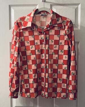 Vintage 70s Devonette Polytron Polyester Button Up Disco Shirt Mod Floral S